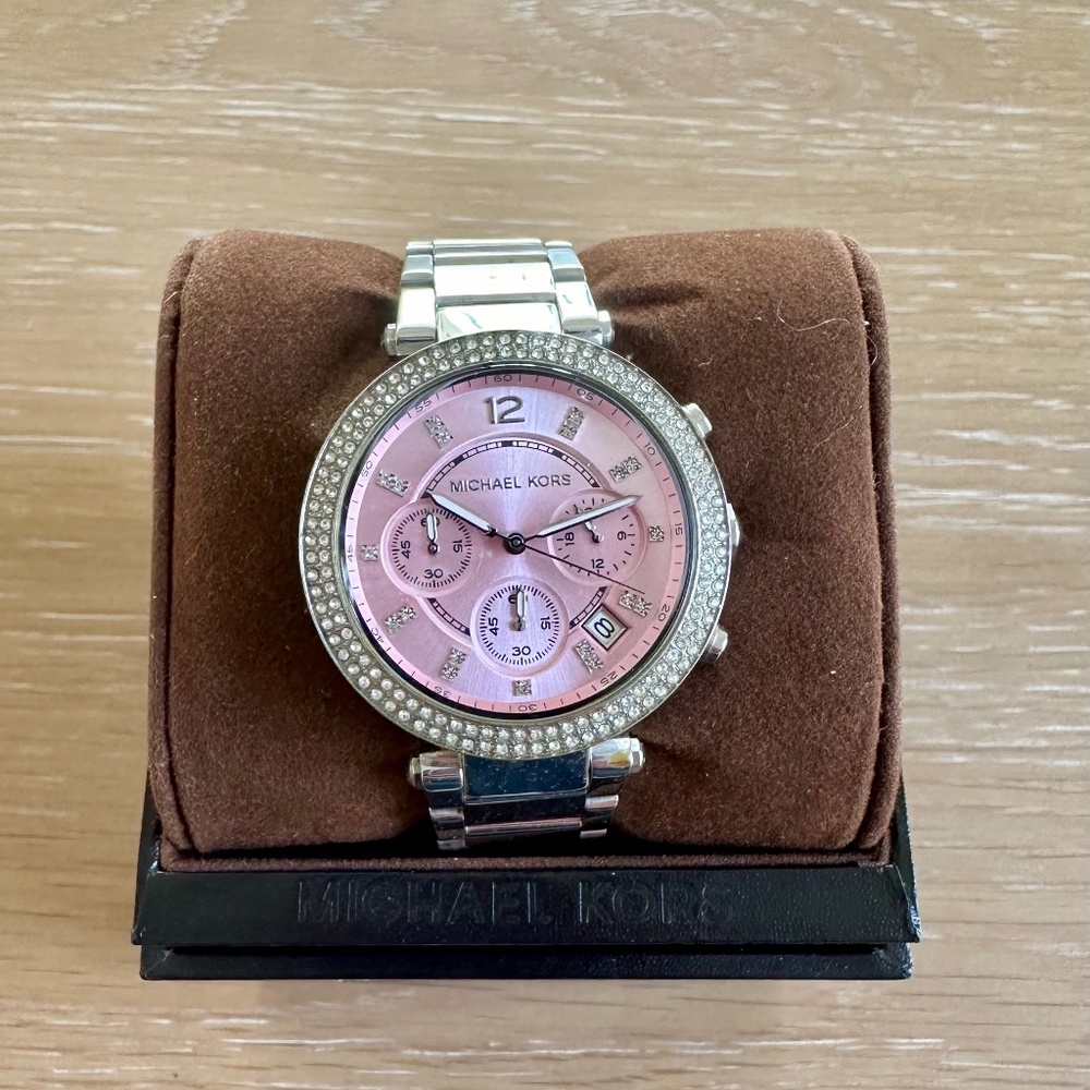 Michael Kors MK6105 Parker Chronograph Pink Dial Crystal Bezel Ladies Watch